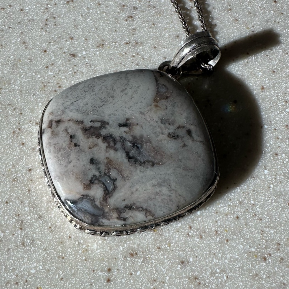 Gray Natural Quartz stone and Sterling Silver Pendant Necklace